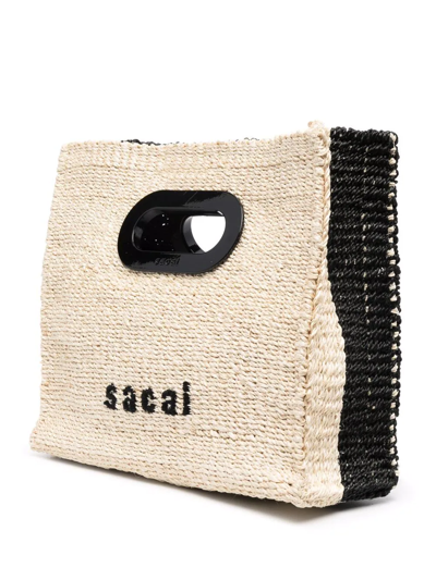 Sacai Logo-embroidered Woven Shopper In Nude