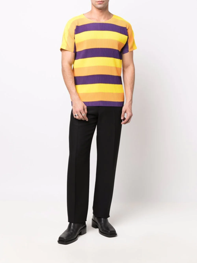 Pre-owned Issey Miyake 2000s Plissé-effect Striped T-shirt In Yellow