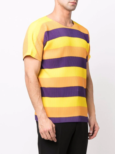 Pre-owned Issey Miyake 2000s Plissé-effect Striped T-shirt In Yellow
