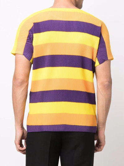 Pre-owned Issey Miyake 2000s Plissé-effect Striped T-shirt In Yellow