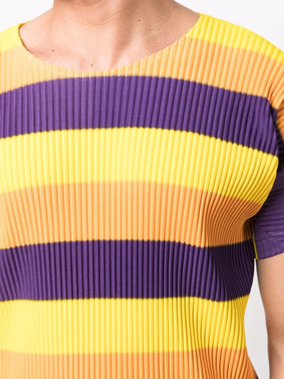 Pre-owned Issey Miyake 2000s Plissé-effect Striped T-shirt In Yellow