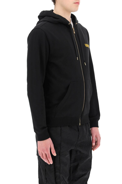 Shop Versace Medusa Embroidery Full Zip Hoodie In Black,gold