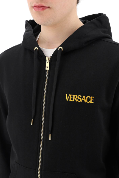 Shop Versace Medusa Embroidery Full Zip Hoodie In Black,gold