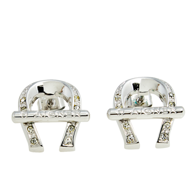 Pre-owned Aigner Silver Tone Crystal Logo Stud Earrings