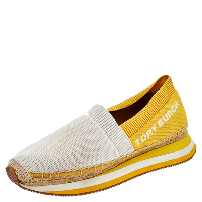Pre-owned Tory Burch White/yellow Knit Fabric Daisy Espadrille Slip On Trainers Size 38.5