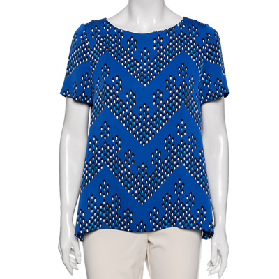 Pre-owned Diane Von Furstenberg Blue Silk Maggy Chevron Dots Printed Top M