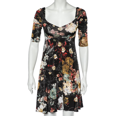 Pre-owned Just Cavalli Black Floral Printed Jersey Ruched Sleeve Detail Mini Dress S In Multicolor