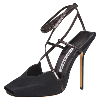 Pre-owned Manolo Blahnik Black/plum Satin And Leather Square Peep-toe Ankle-tie Sandals Size 38.5