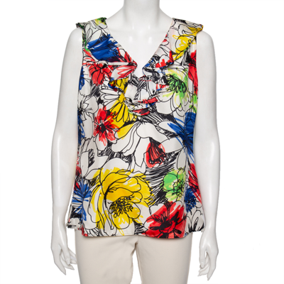 Pre-owned Boutique Moschino Multicolor Floral Printed Ruffled Front Sleeveless Top L