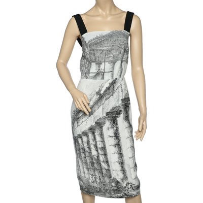 Pre-owned Dolce & Gabbana Monochrome Temple Printed Crepe Sleeveless Midi Dress S In White