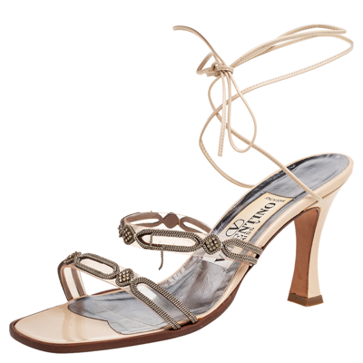 Pre-owned Valentino Garavani Beige Leather And Embellished Chain Pvc Ankle-tie Sandals Size 37