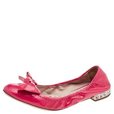 Pre-owned Miu Miu Pink Patent Leather Crystal Embellished Bow Ballet Flats Size 38