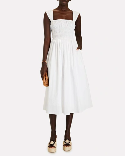 Shop Staud Ida Smocked Poplin Midi Dress In White