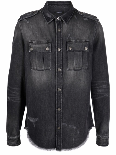 Shop Balmain Distressed Effect Denim Shirt In Black