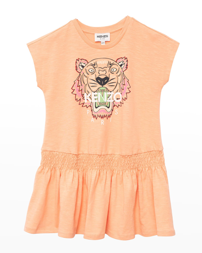 Shop Kenzo Girl's Tiger Short-sleeve Smocked-waist Dress In 415-mangue