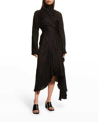 Shop Balenciaga Naive Paris Silk Jacquard Twisted Drape Midi Dress In Noir