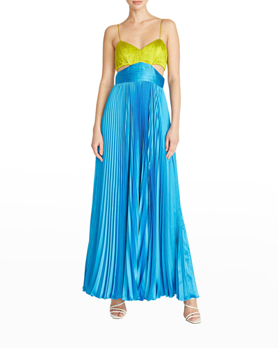 Shop Amur Elodie Pleated Cutout Gown In Citrine Green Aq