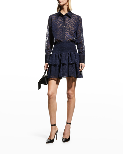 Shop Milly Sheer Leopard-print Jacquard Blouse In Navy