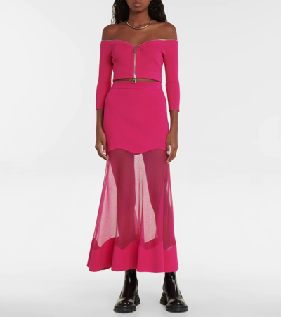 Shop Alexander Mcqueen Mesh-paneled Ribbed-knit Midi Skirt In Bobby Pink