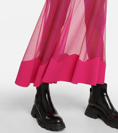 Shop Alexander Mcqueen Mesh-paneled Ribbed-knit Midi Skirt In Bobby Pink