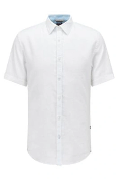 Shop Hugo Boss Short-sleeved Slim-fit Shirt In Stretch Linen In White