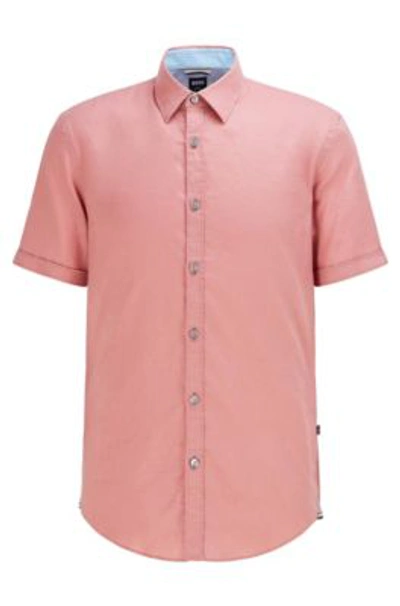 Shop Hugo Boss Short-sleeved Slim-fit Shirt In Stretch Linen In Light Pink
