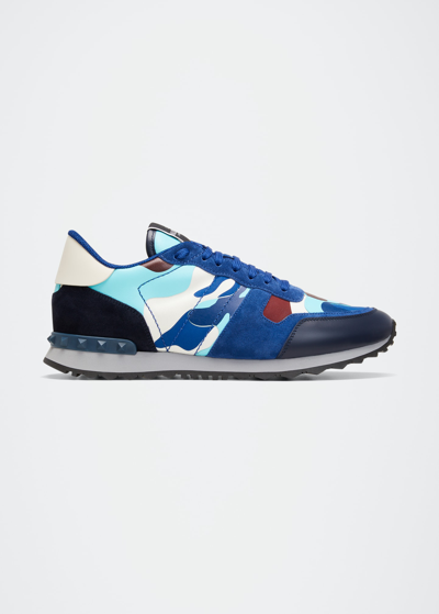 Shop Valentino Men's Camouflage Rockrunner Leather Low-top Sneakers In Blue Multi