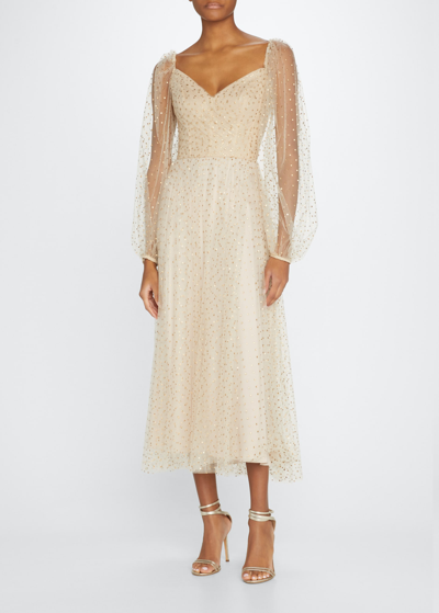 Shop Monique Lhuillier Polka-dot Off-the-shoulder Puff-sleeve Midi Dress In Champagne/gold
