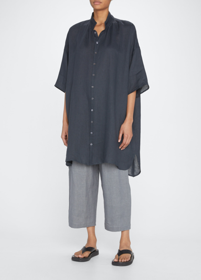 Shop Eskandar Wide A-line Sloped-shoulder Linen Shirt In Darkslate