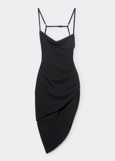 Shop Jacquemus Saudade Draped Asymmetric Mini Dress In Black
