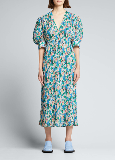 Shop Ganni Pleated Georgette Midi Dress In Floral Azure Blue