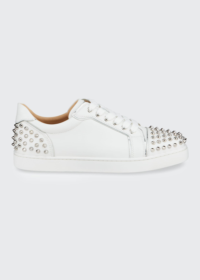 Shop Christian Louboutin Viera 2 Spikes Leather Low-top Sneakers In Bianco/silver