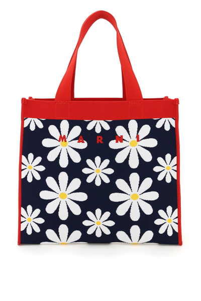 Shop Marni Daisy Jacquard Canvas Shopping Bag In Iris Lily White Tulip (blue)