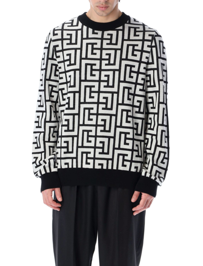 Shop Balmain Maxi Monogram Crewneck Sweater In Black White