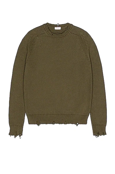 Saint Laurent Khaki Cotton Distressed Sweater In Khaki