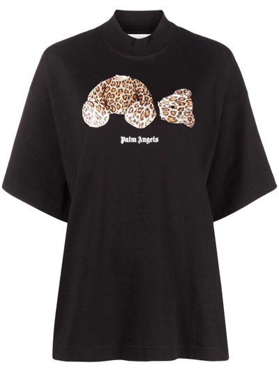 Palm Angels Leopard Bear Print Cotton Loose T-shirt In Black | ModeSens