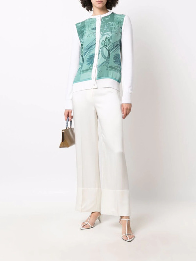 Ferragamo Cardigan With Silk Panel Inserts In White