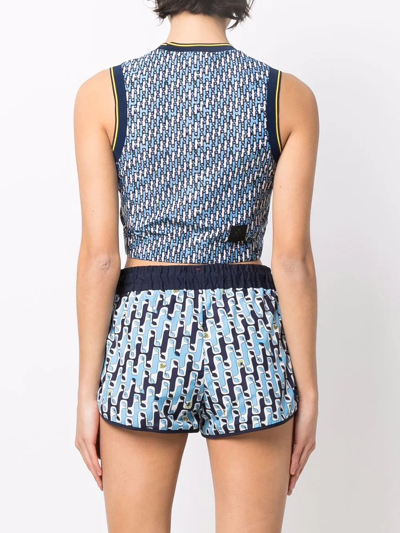 Shop Moncler Abstract-pattern Cropped Tank Top In Blue