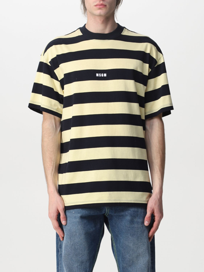 Shop Msgm Striped Cotton T-shirt With Logo In Blue