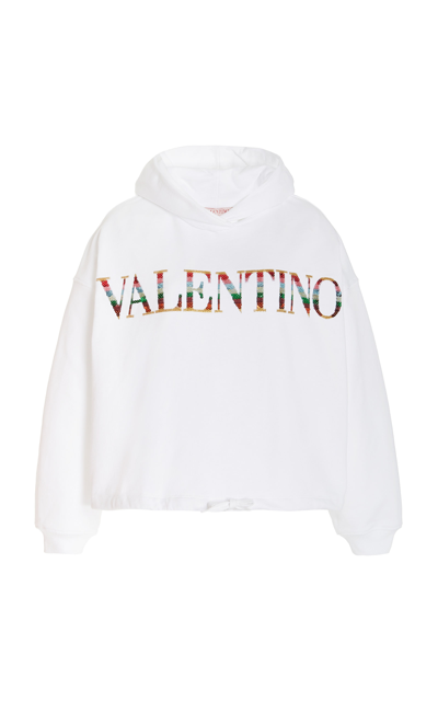 Shop Valentino Women's Logo-sequined Cotton Hooded Sweatshirt In White