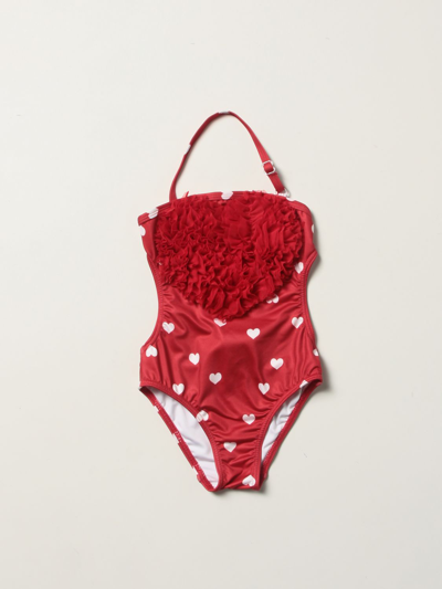 Shop Monnalisa One-piece Swimsuit With All-over Hearts In Red