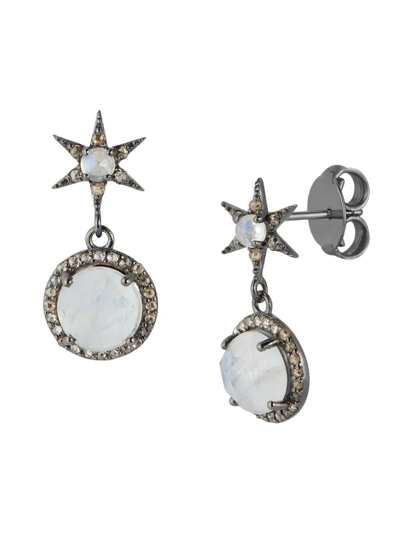 Shop Banji Jewelry Women's Black Rhodium Plated Sterling Silver, Rainbow Moonstone & Brown Diamond Drop Earrings