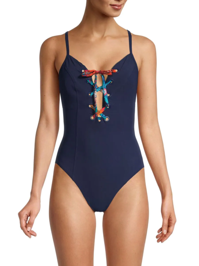 Shop Skinny Dippers Women's Tie Braker Lacey One-piece Swimsuit In Dark Wash