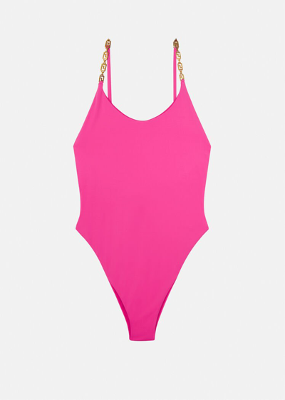 Shop Versace Greca Chain One-piece Swimsuit In Pink