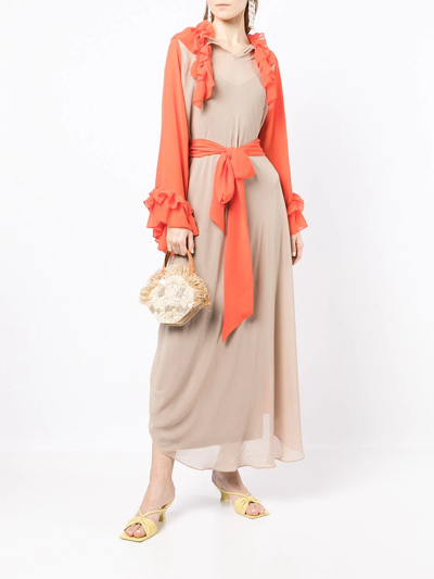 Baruni Belted Ruffled Trim Gown In Brown