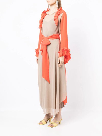 Baruni Belted Ruffled Trim Gown In Brown