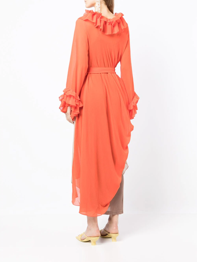 Baruni Belted Ruffled Trim Gown In Brown