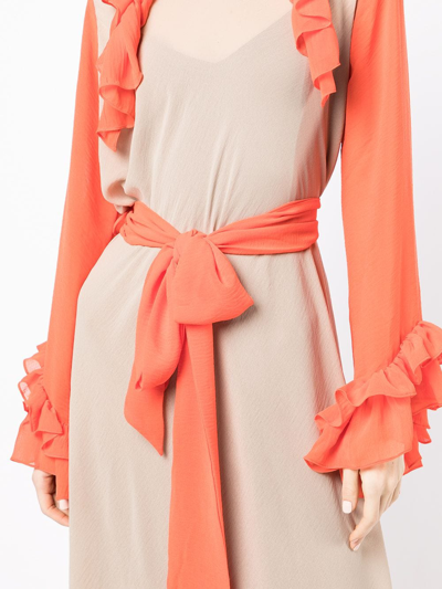 Baruni Belted Ruffled Trim Gown In Brown