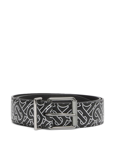 Shop Burberry Monogram Motif Leather Belt Black And White