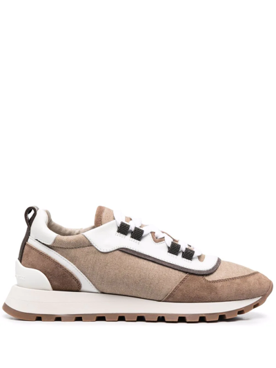 Shop Brunello Cucinelli Panelled Lace-up Sneakers In Brown